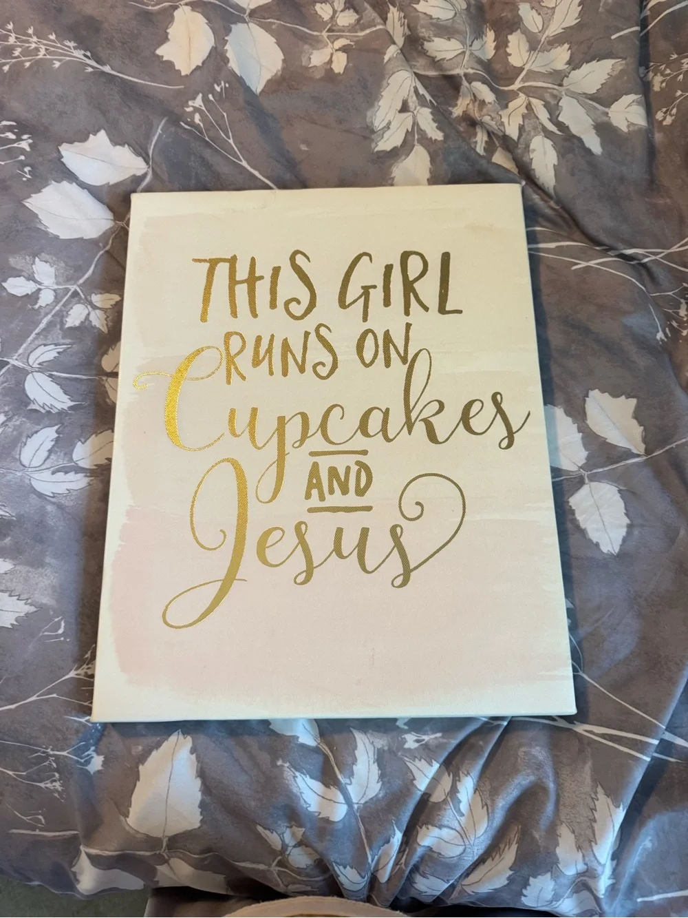 Gold Lettered 'This Girl Runs on Cupcakes and Jesus' Wall Art - Cream